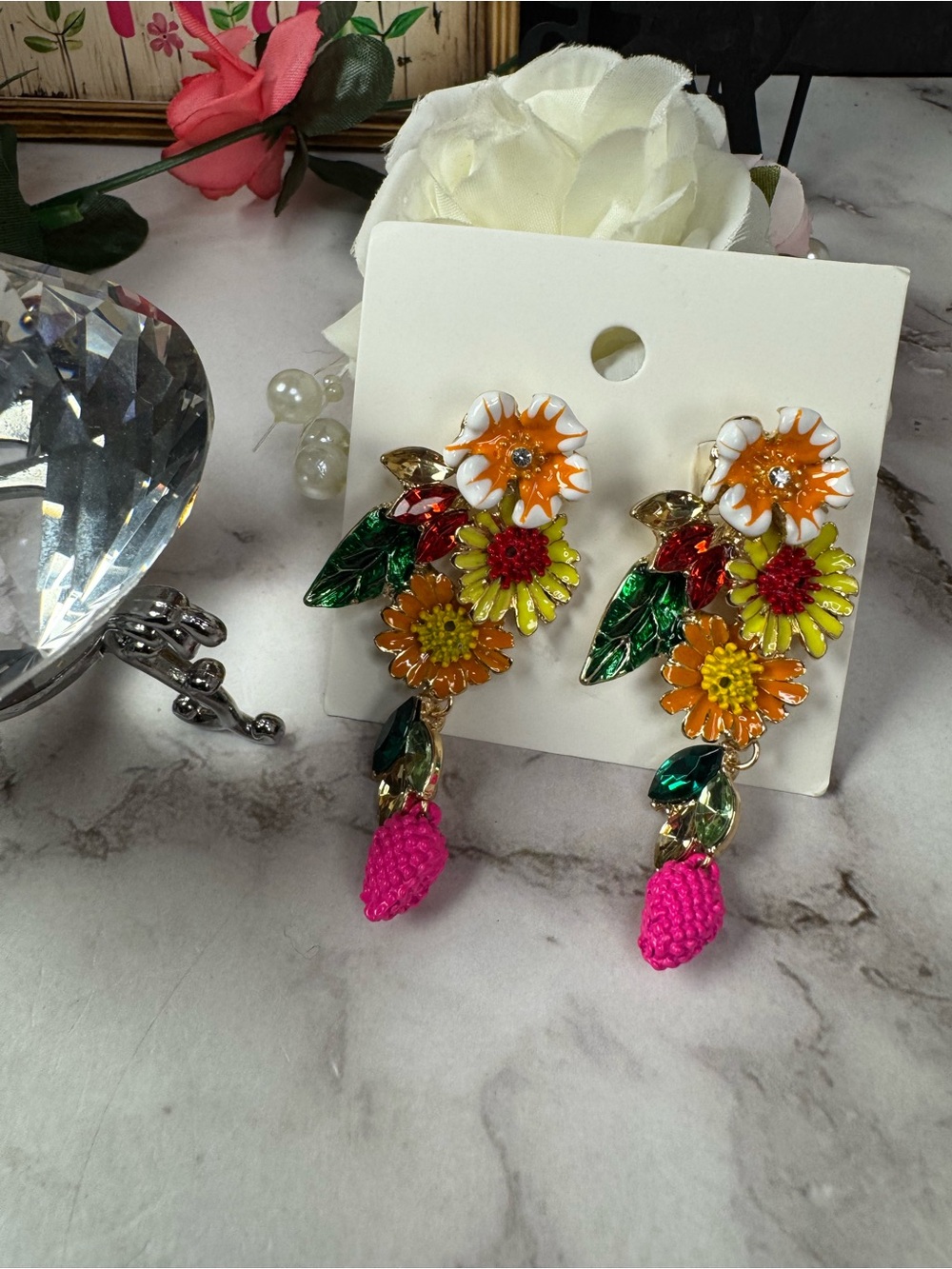 Floral Drop Earrings with Pink Berry Accent - Green, Orange & Yellow